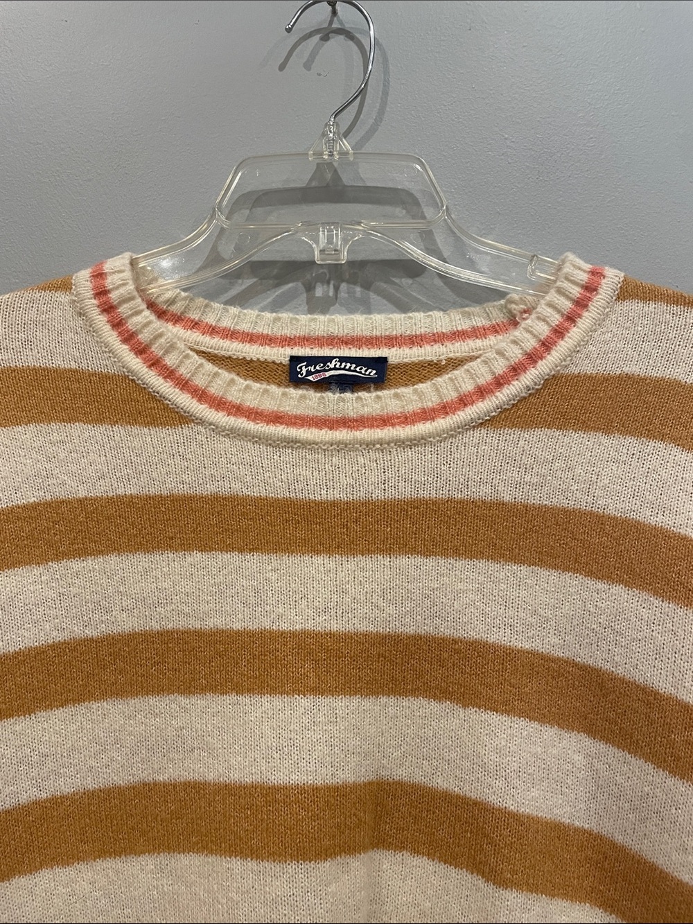 Striped Cream- mustard crewneck Sweater with pink at neck & sleeve - Picture 3 of 4